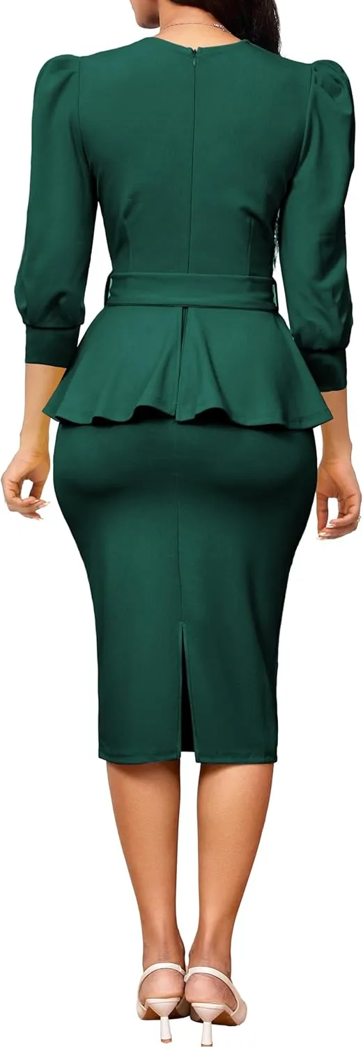 Yiershu Church Dresses for Women 2025 Sexy V-Neck 3/4 Sleeve Peplum Business Dress for Women