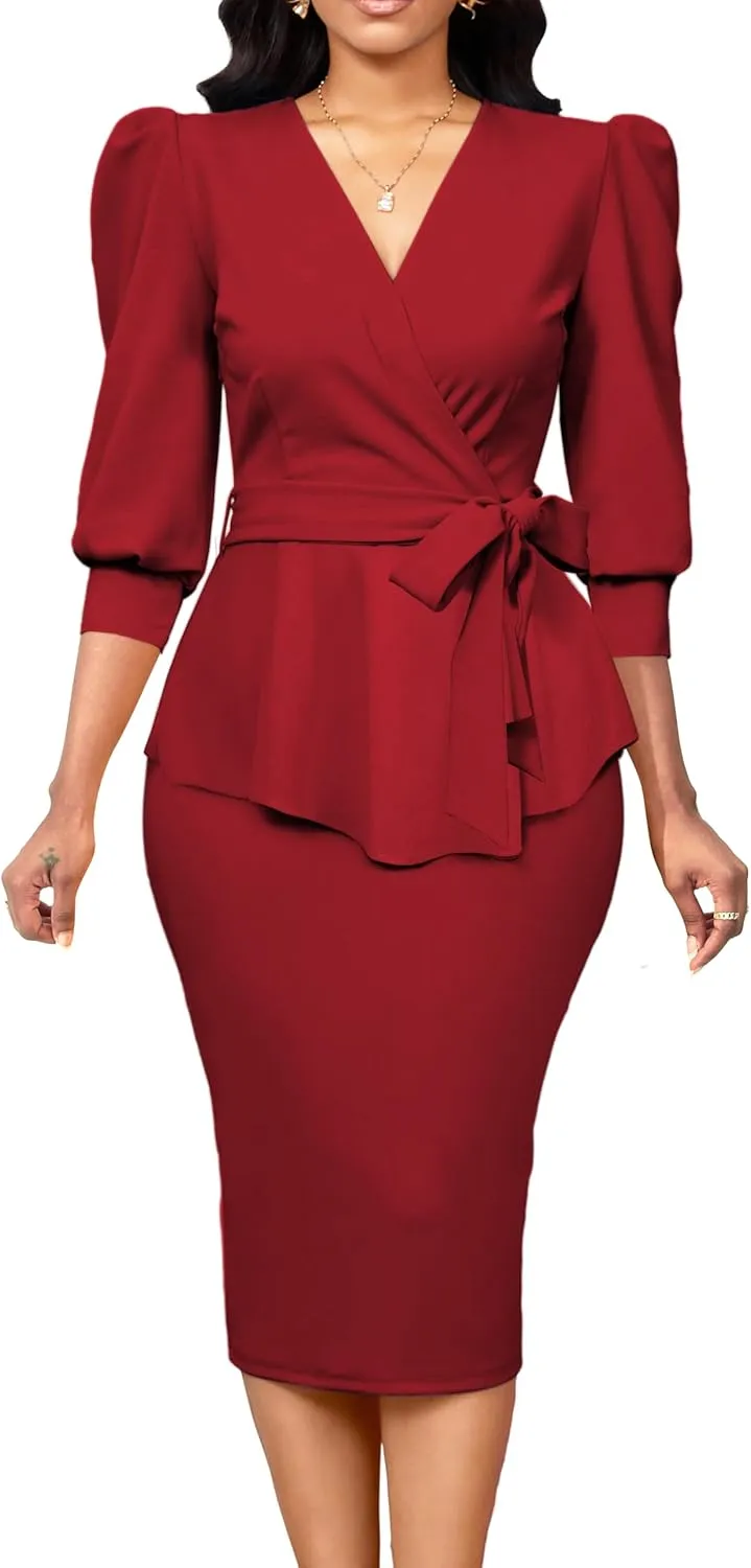 Yiershu Church Dresses for Women 2025 Sexy V-Neck 3/4 Sleeve Peplum Business Dress for Women